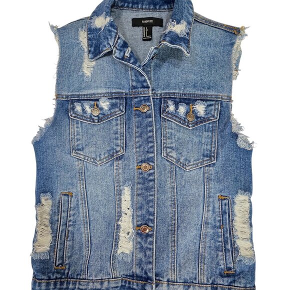One-Of-A-Kind Custom Forever 21 Distressed Denim Vest Sz S - Picture 7 of 16